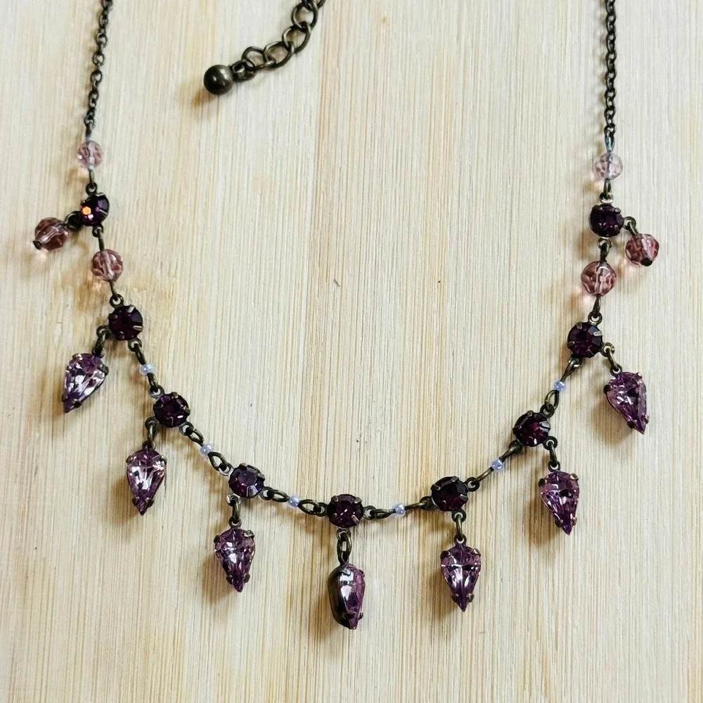 Regency style Necklace VTG Jeweled Crystal Rhinestone statement bronze lilac 90s
